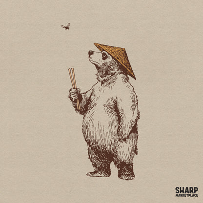 Funny retro asian bear looking at fly with chopsticks sublimation design for shirt and tumbler png