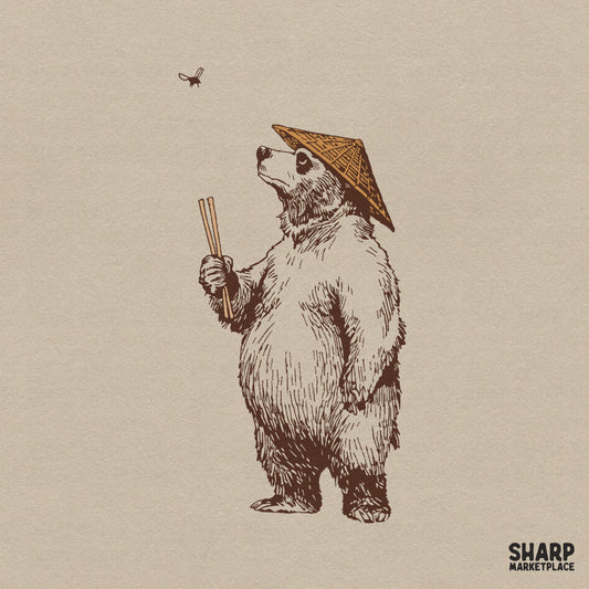 Funny retro asian bear looking at fly with chopsticks sublimation design for shirt and tumbler png