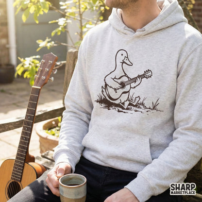 Funny cartoon duck playing guitar graphic in a clean, minimalist style, ideal for creating custom stickers, tumblers, or music-themed gifts.