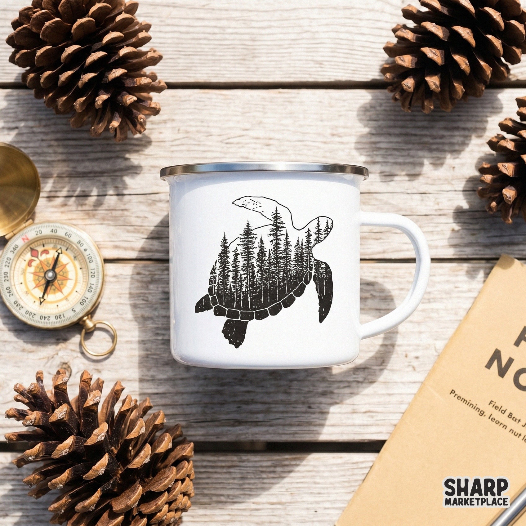 Minimalist black ink sea turtle graphic featuring a double-exposure pine forest, perfect for camping-themed stickers, tumblers, and apparel.