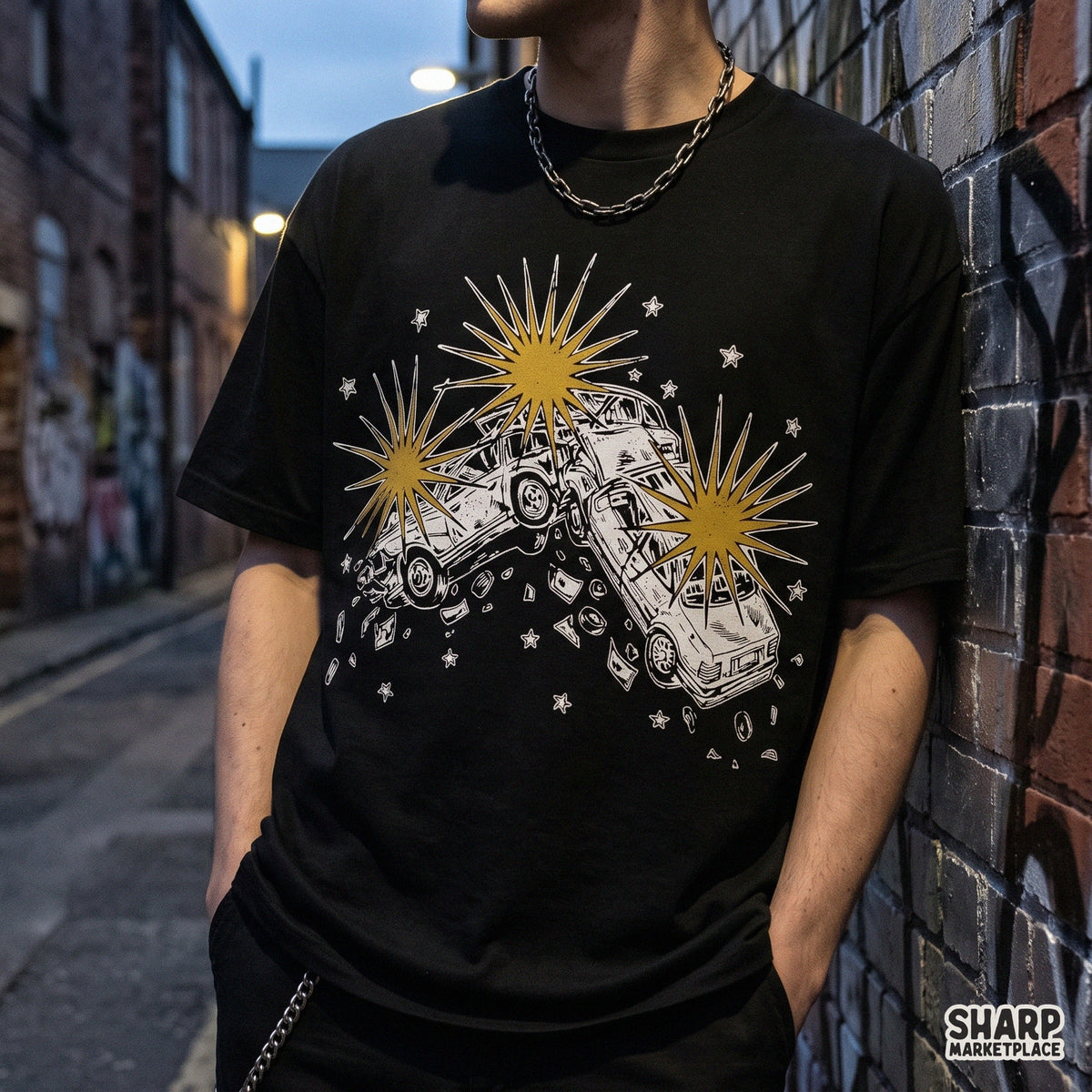 Two retro cars colliding in a dramatic car explosion with yellow sparks retro png for shirt sublimation
