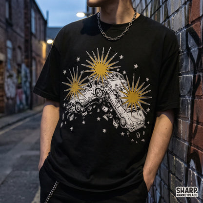 Two retro cars colliding in a dramatic car explosion with yellow sparks retro png for shirt sublimation