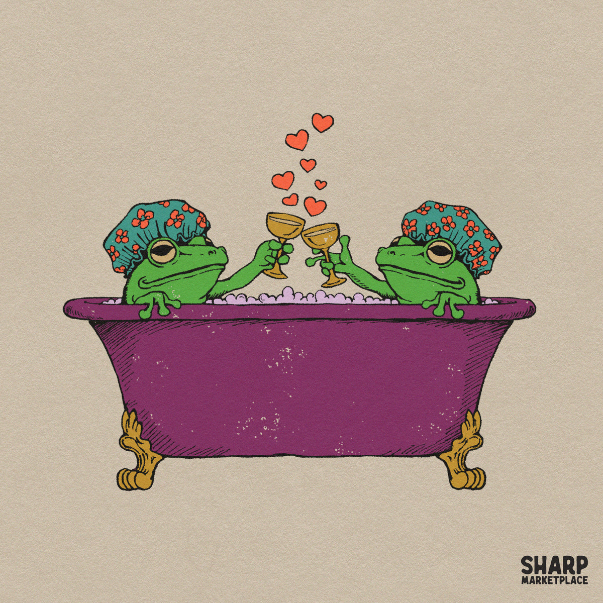 Two Frogs in Bathtub Toasting Champagne Graphic, Cute