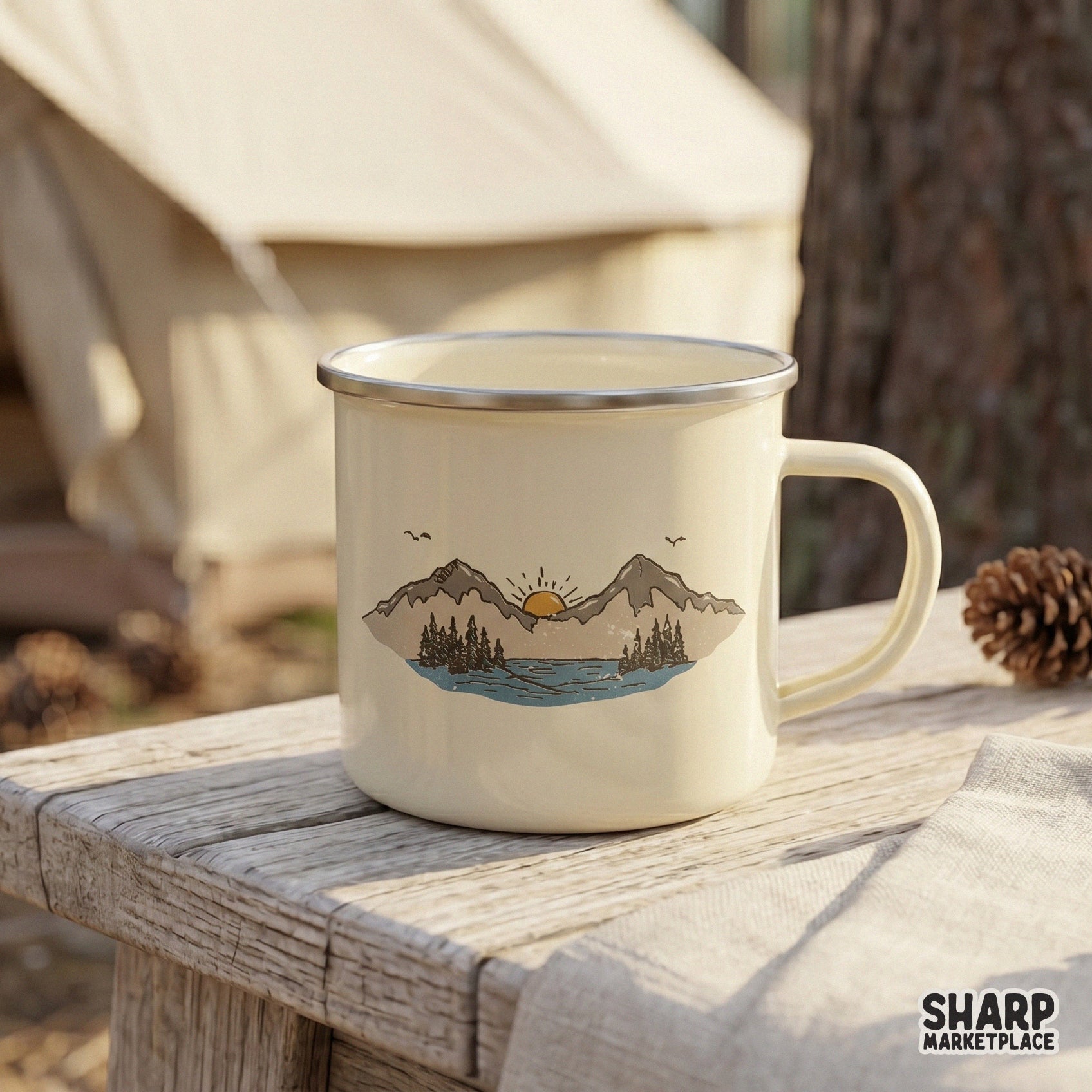 Vintage style mountain lake sunset design on a camping mug, showing a scenic alpine range with pine trees and a distressed texture for sublimation.