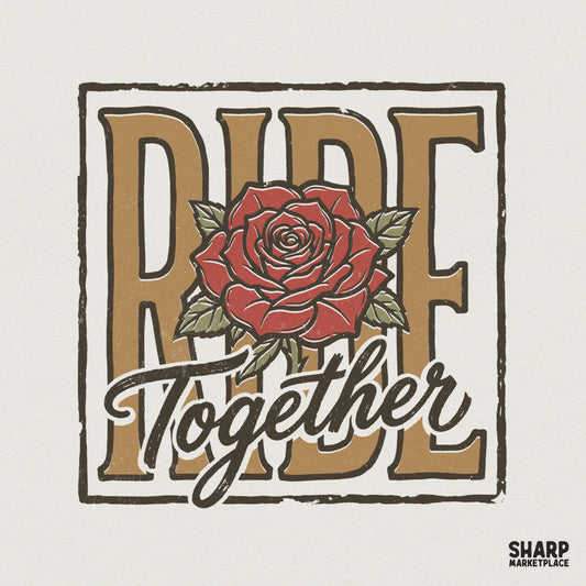 Vintage biker aesthetic design featuring a detailed red rose over tan block letters spelling RIDE with the script text Together, on a distressed square.