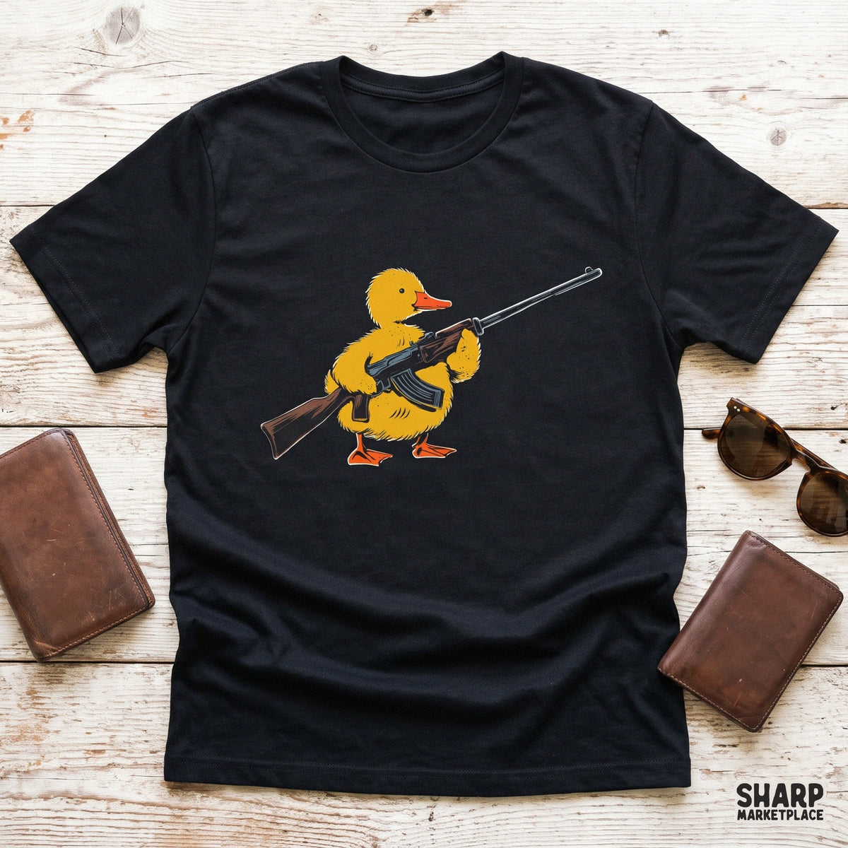 Cute duckling holding a rifle tactical bird digital PNG clip art for funny t-shirt designs and hunting humor merchandise