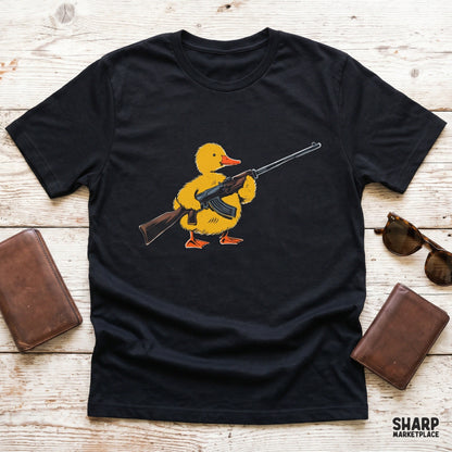 Cute duckling holding a rifle tactical bird digital PNG clip art for funny t-shirt designs and hunting humor merchandise