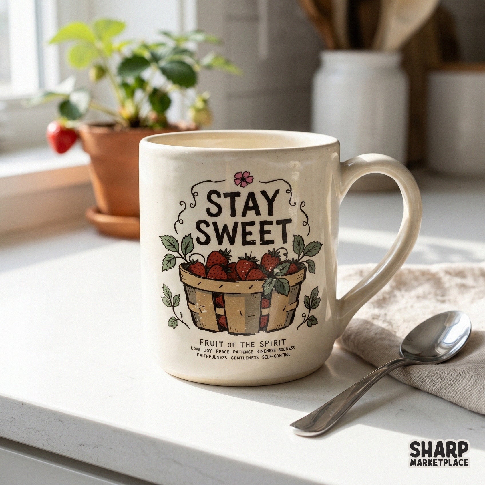 Vintage-inspired strawberry basket digital art with the quote Stay Sweet and a list of virtues, designed for Christian shirts and home decor.