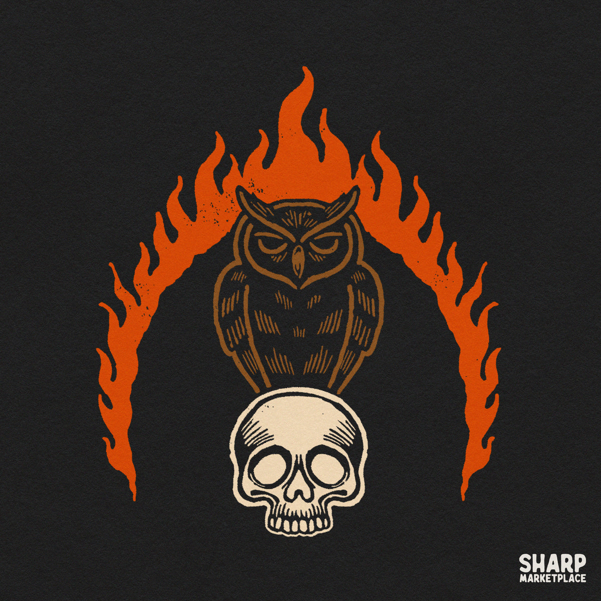 Symmetrical owl on a skull encircled by flames in a dark gothic Halloween PNG sublimation design for shirts