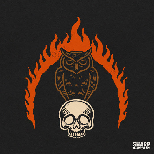 Symmetrical owl on a skull encircled by flames in a dark gothic Halloween PNG sublimation design for shirts