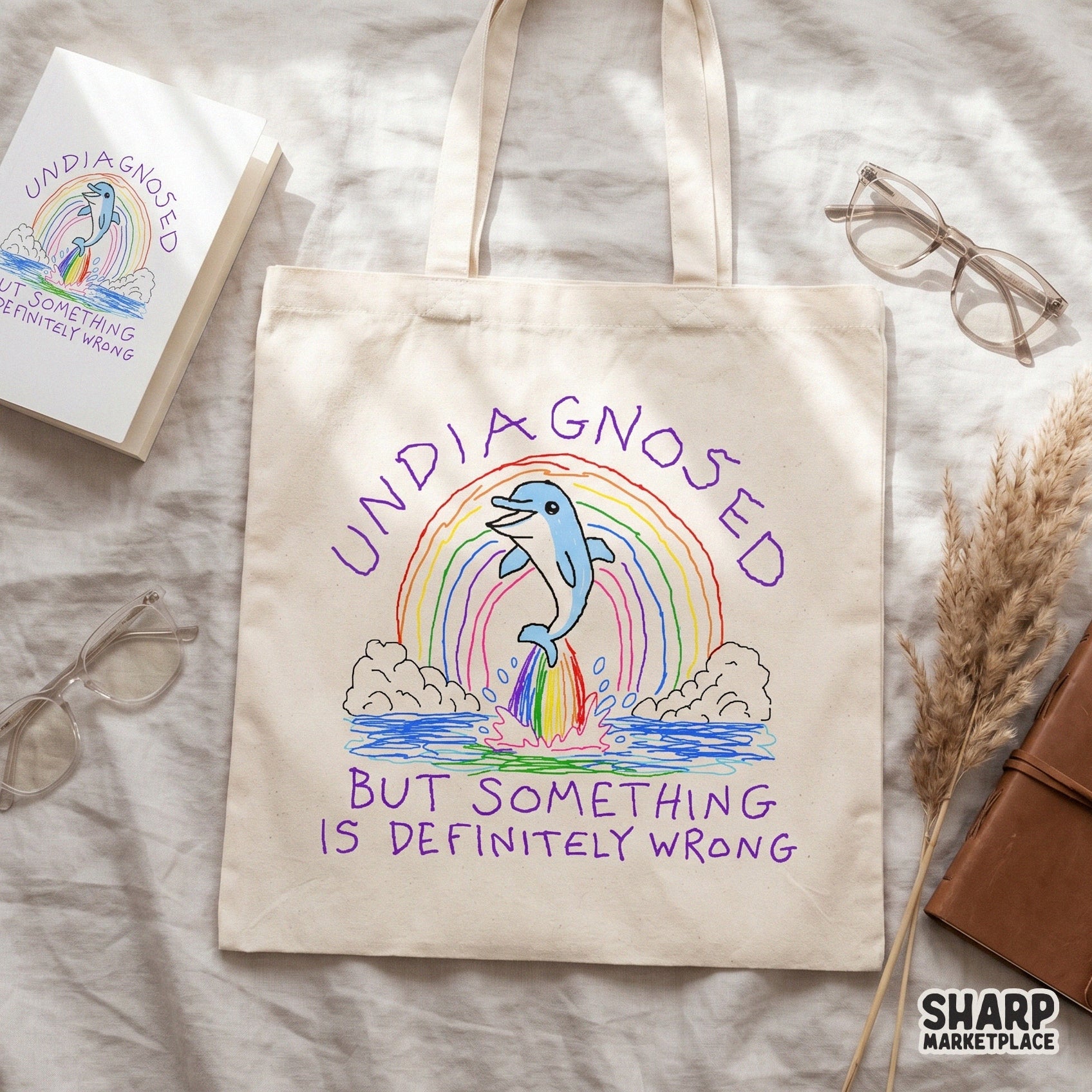 Colorful digital artwork of a dolphin splashing through a rainbow with witty text, ideal for custom tumblers, tote bags, and apparel designs.