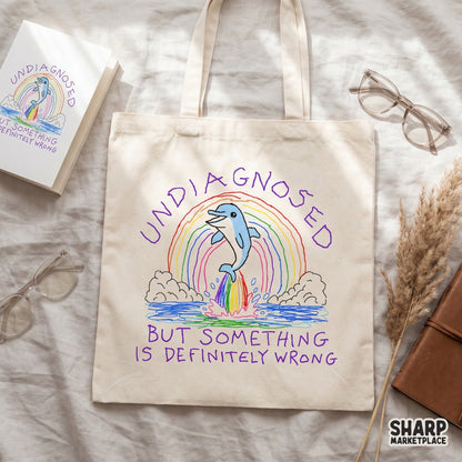 Colorful digital artwork of a dolphin splashing through a rainbow with witty text, ideal for custom tumblers, tote bags, and apparel designs.