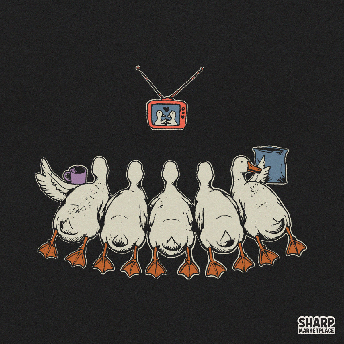Cute ducks watching retro TV for movie night funny cozy season PNG design for t-shirts and apparel