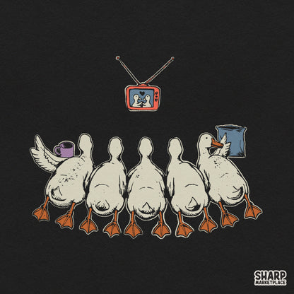 Cute ducks watching retro TV for movie night funny cozy season PNG design for t-shirts and apparel