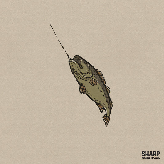 Vintage hand-drawn largemouth bass illustration with a fishing line and hook, rendered in earthy tones for rustic outdoor apparel and stickers.
