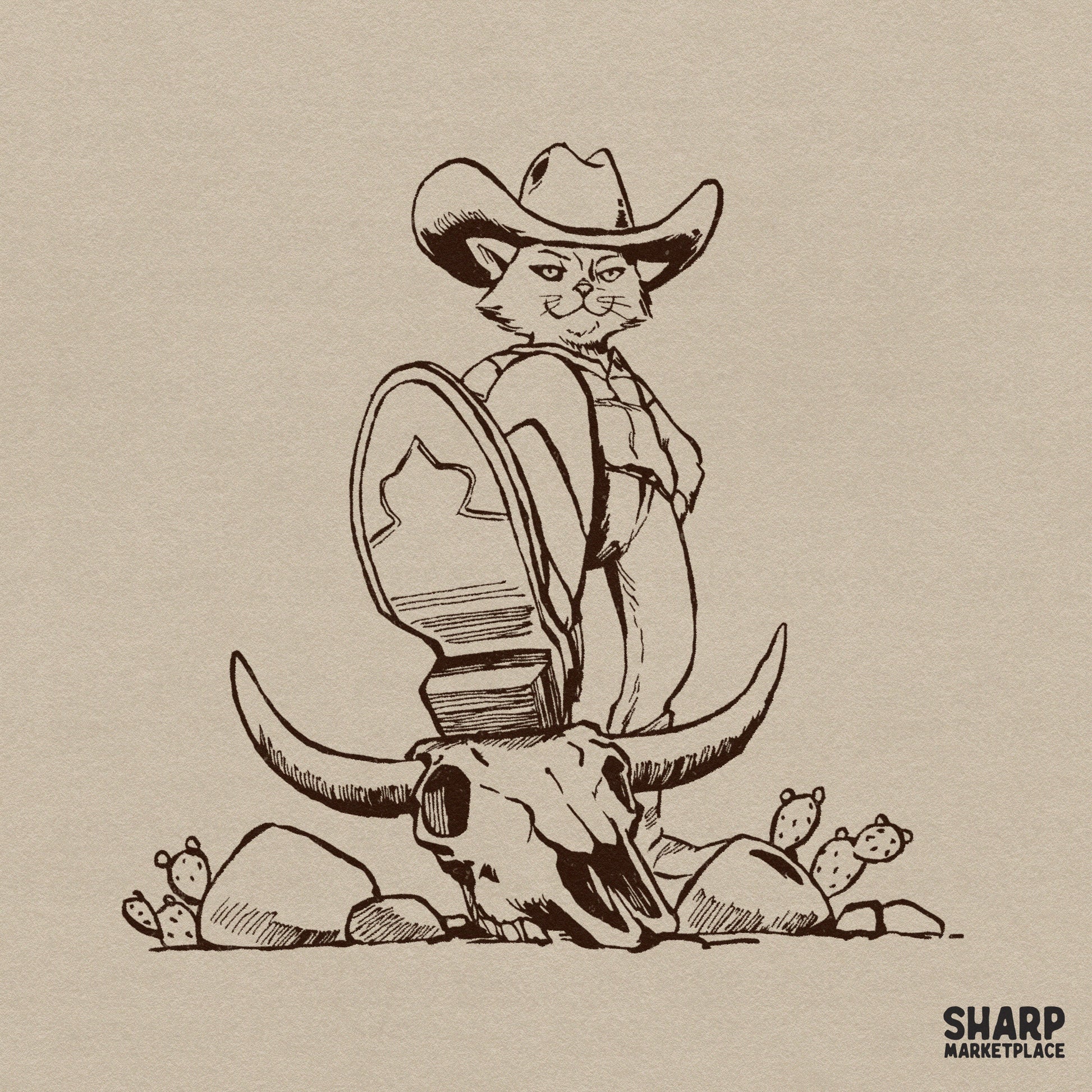 Badass cowboy cat stepping on a cow skull retro western PNG for funny sarcastic shirt sublimation designs