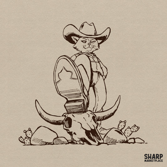 Badass cowboy cat stepping on a cow skull retro western PNG for funny sarcastic shirt sublimation designs