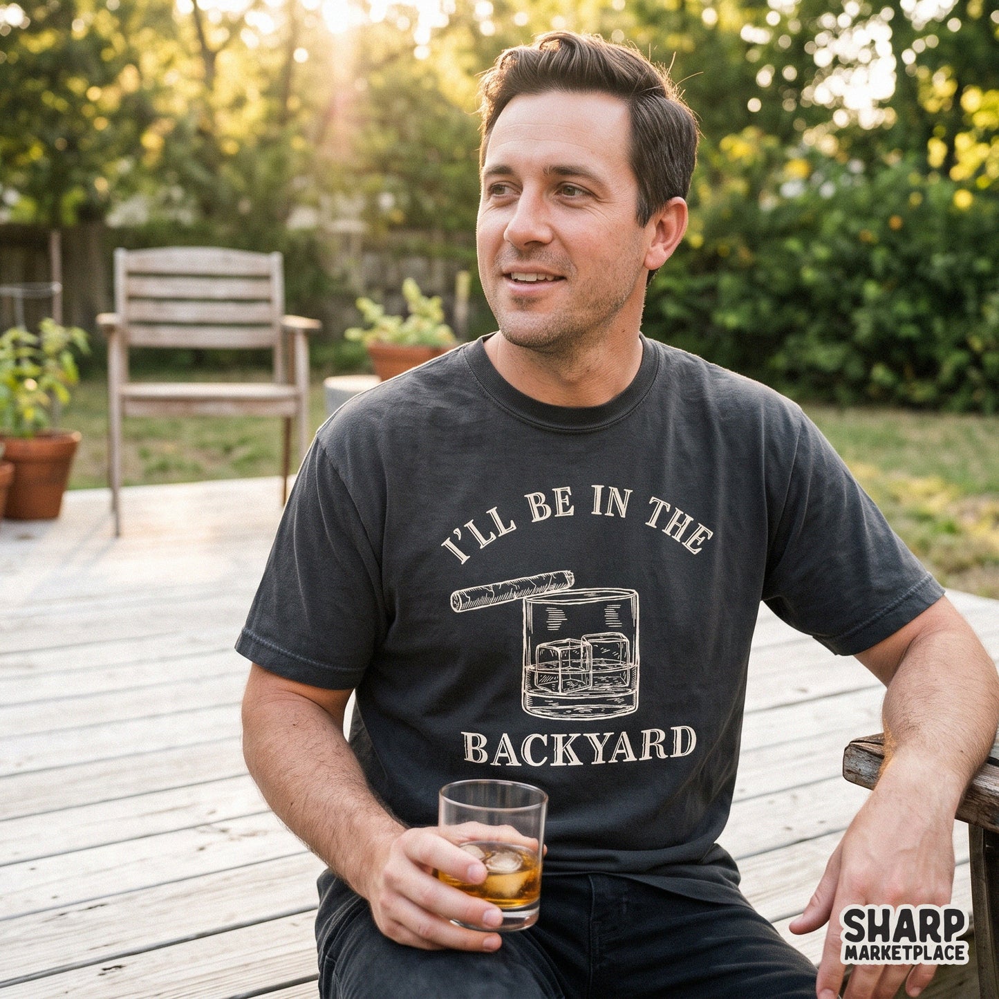 Retro backyard drinking design featuring a whiskey glass and cigar for a sarcastic Father's Day dad gift sublimation PNG