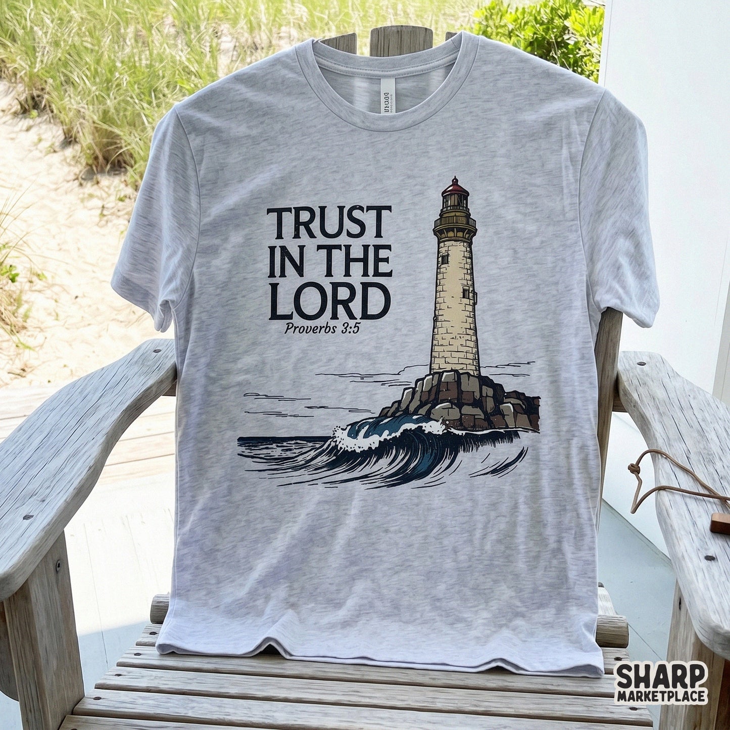 Nautical lighthouse and ocean waves design with a Christian Bible verse for custom retro shirts and sublimation