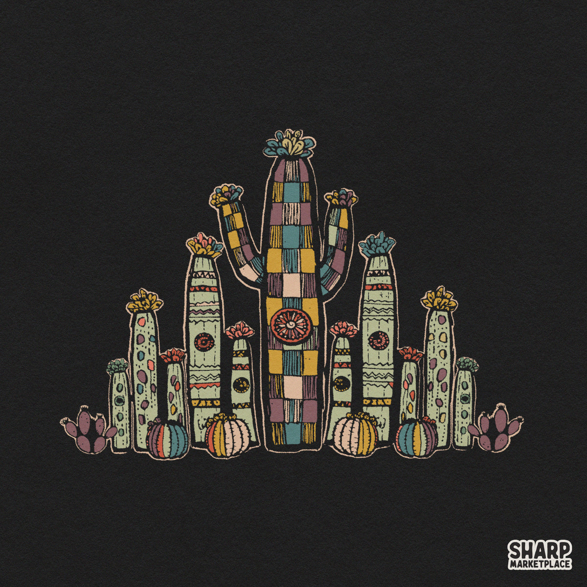 Retro boho desert cactus garden PNG design featuring colorful western botanical flora for sublimation and apparel prints