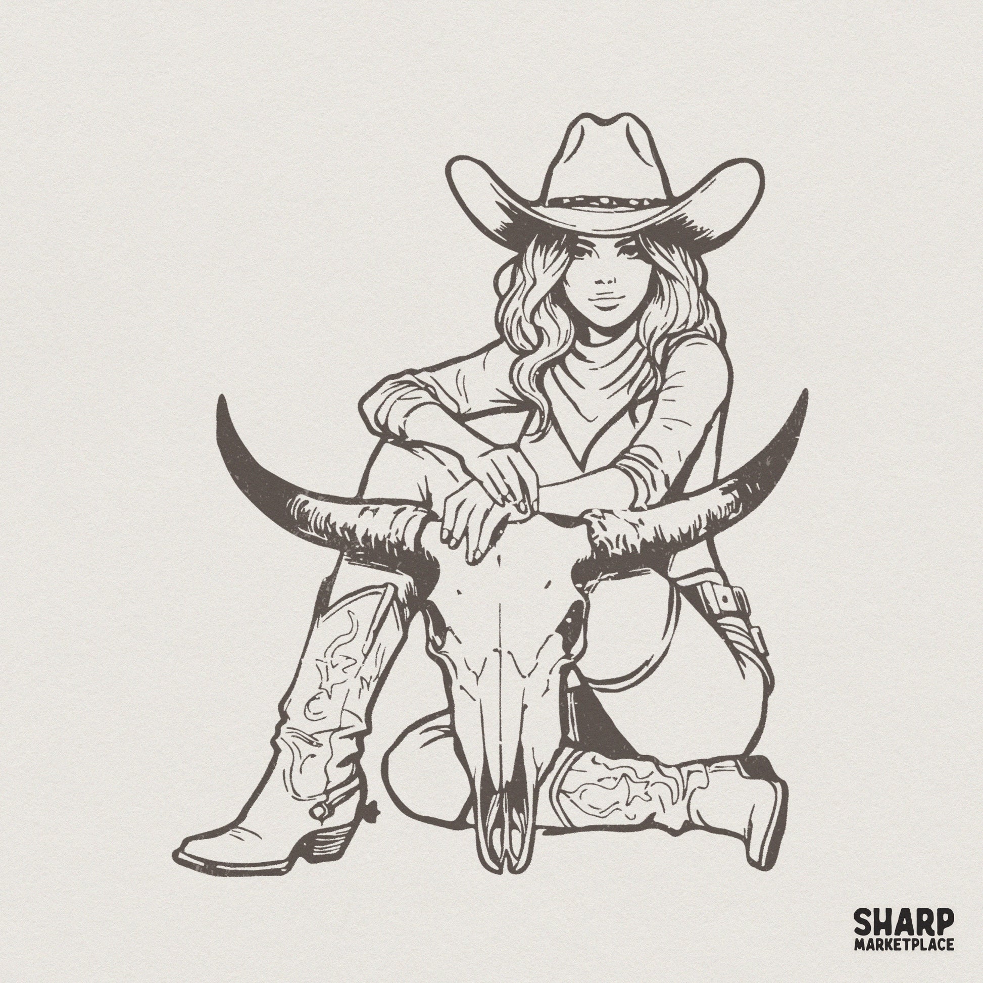 Monochrome line art illustration of a cowgirl in a cowboy hat and boots sitting behind a steer skull with large horns for western apparel projects.