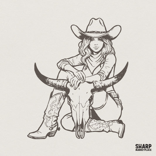 Monochrome line art illustration of a cowgirl in a cowboy hat and boots sitting behind a steer skull with large horns for western apparel projects.
