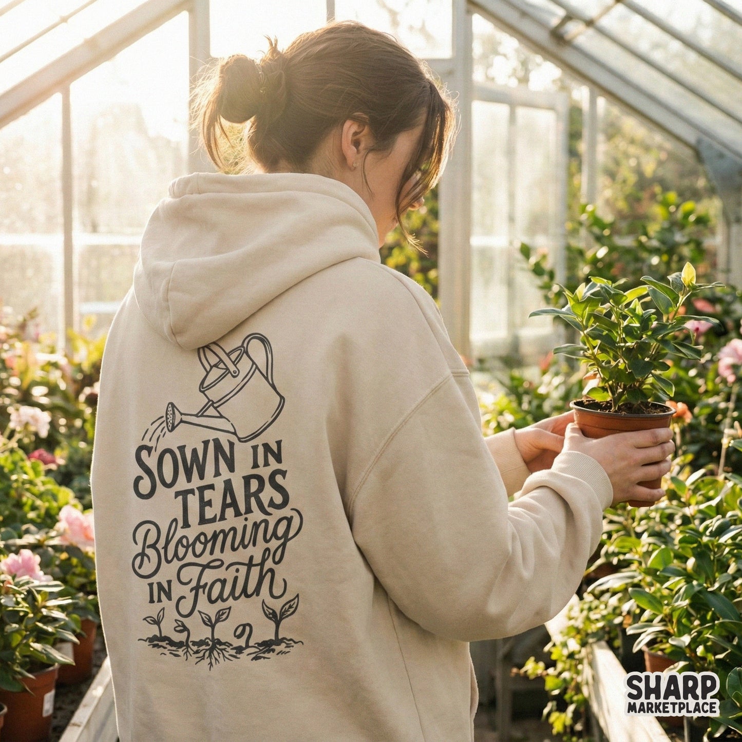 Transparent digital download graphic featuring hand-drawn sprouts and a watering can with elegant script and bold serif text for faith-based apparel.