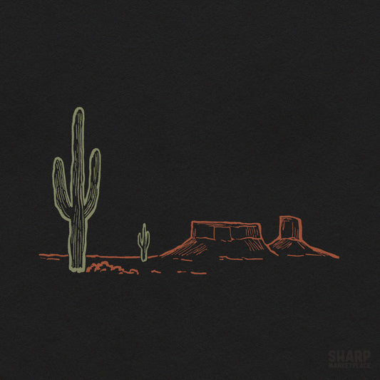 Minimalist desert landscape with saguaro cactus PNG design for retro western sublimation shirts