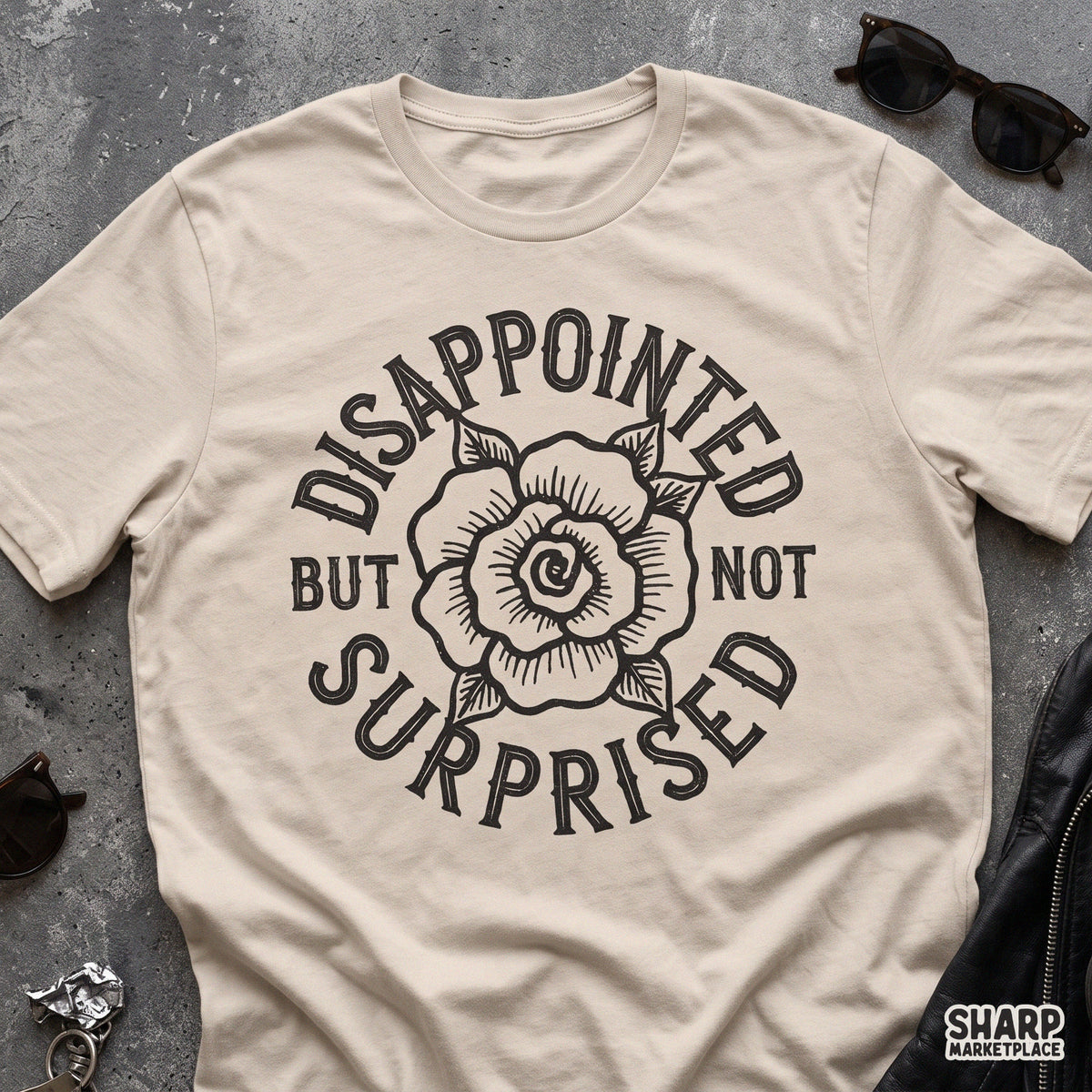 Disappointed But Not Surprised traditional tattoo rose sublimation graphic for sarcastic floral t-shirts and apparel