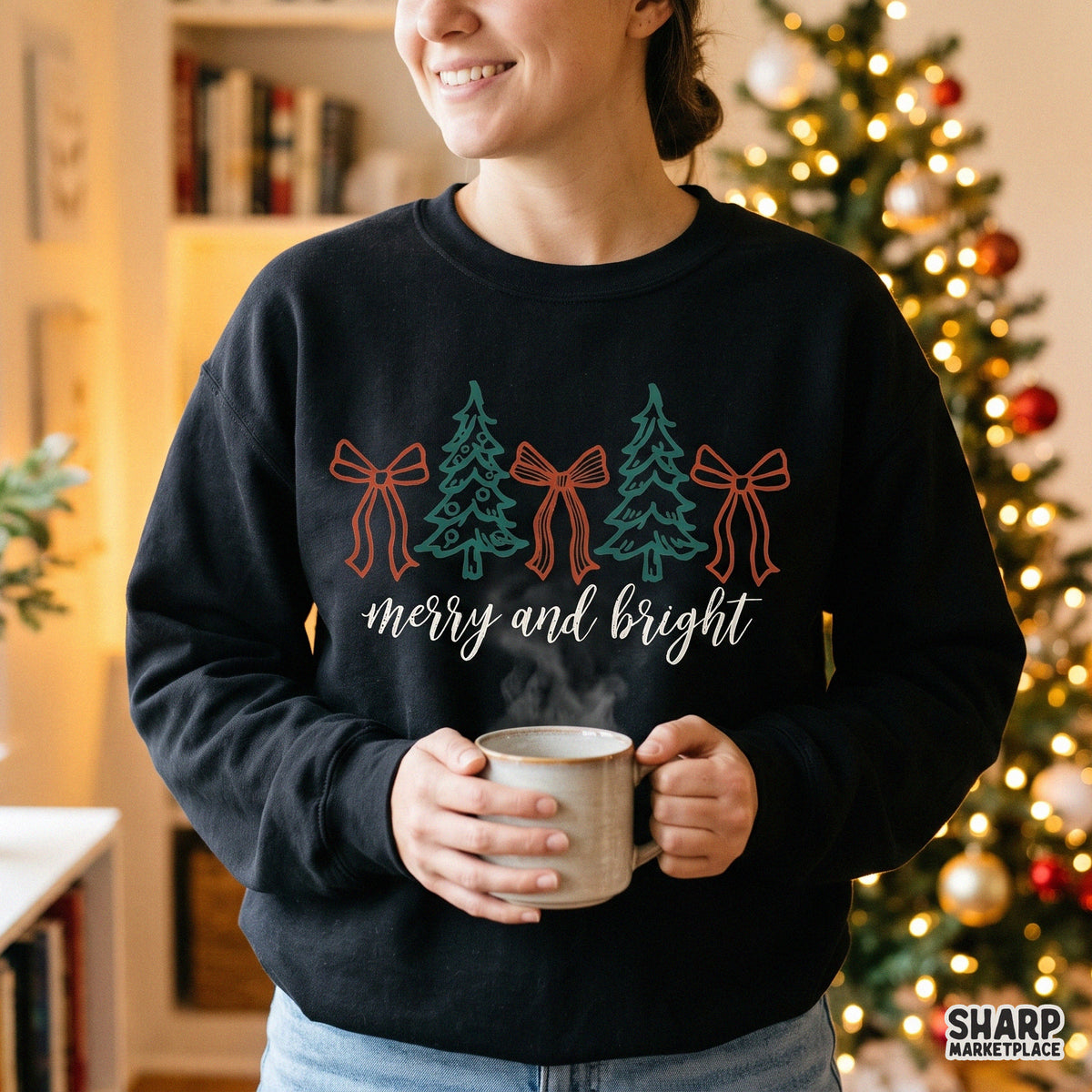Merry and Bright Christmas PNG design featuring a coquette bow and pine trees for trendy holiday shirt sublimation