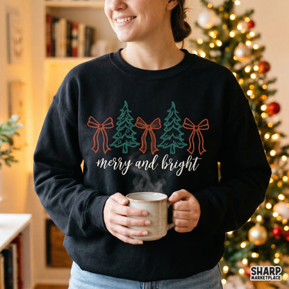 Merry and Bright Christmas PNG design featuring a coquette bow and pine trees for trendy holiday shirt sublimation
