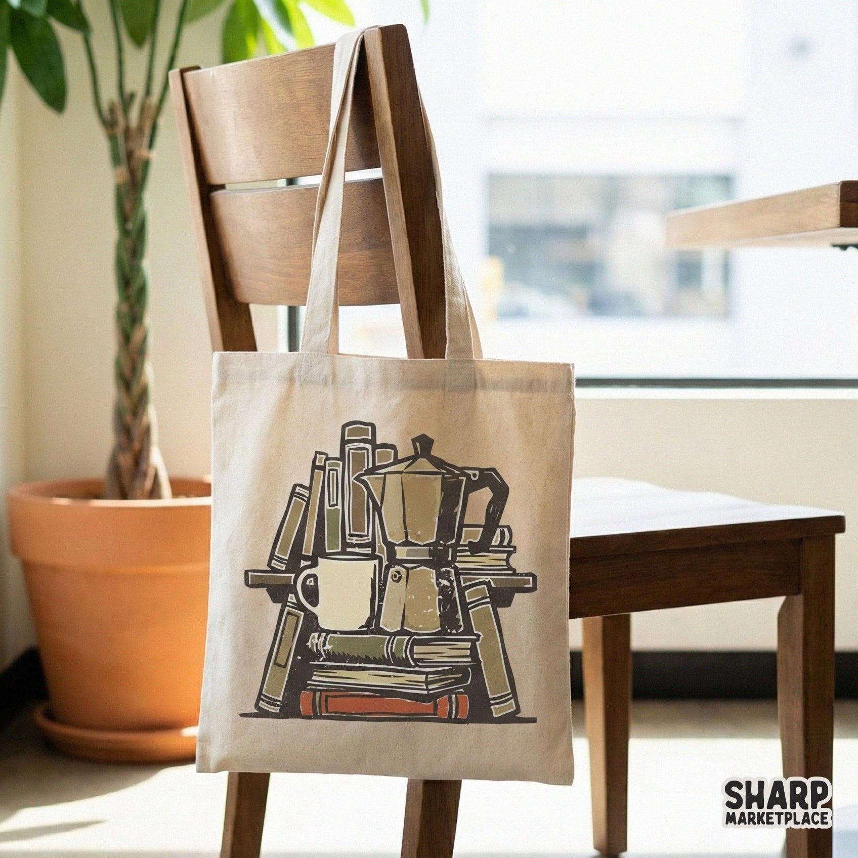Vintage style digital download with a book stack and coffee maker, ideal for literary themed sublimation projects and DIY home decor crafts.