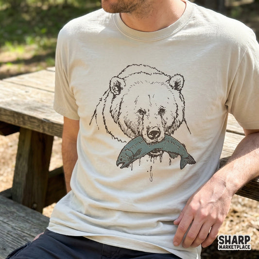 Grizzly bear catching salmon retro wildlife sketch for outdoor adventure t-shirt designs