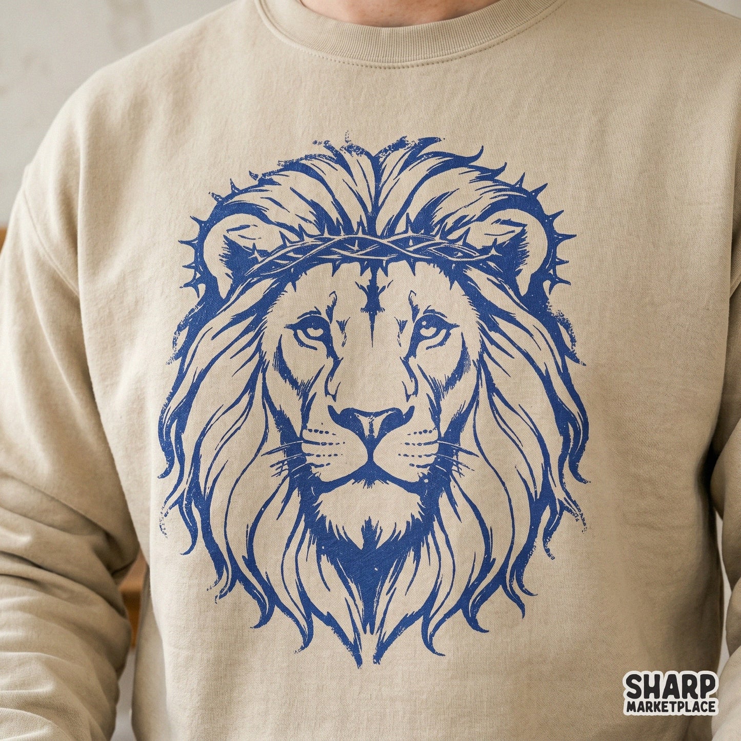 Sacred lion graphic with a crown of thorns, designed for versatile use on stickers, tumblers, and faith-inspired custom merchandise.