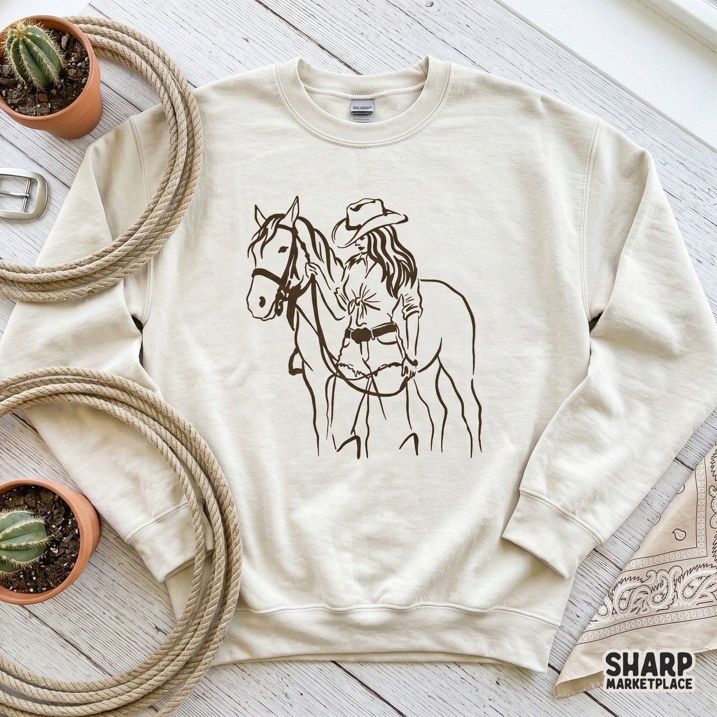 Clean monochrome line art of a rider and her horse, designed for easy sublimation transfers on apparel or home decor items with a western aesthetic.