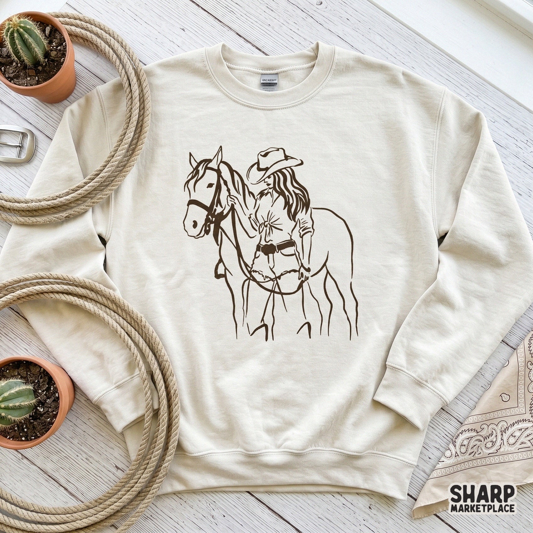 Clean monochrome line art of a rider and her horse, designed for easy sublimation transfers on apparel or home decor items with a western aesthetic.