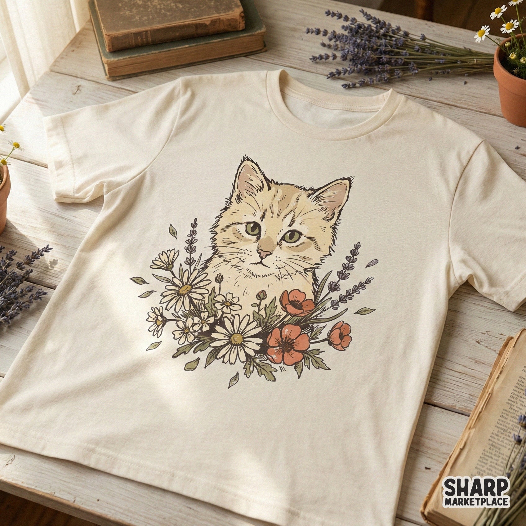 Cat PNG With Wildflowers, Cute Kitten Printable - 300 DPI Design for