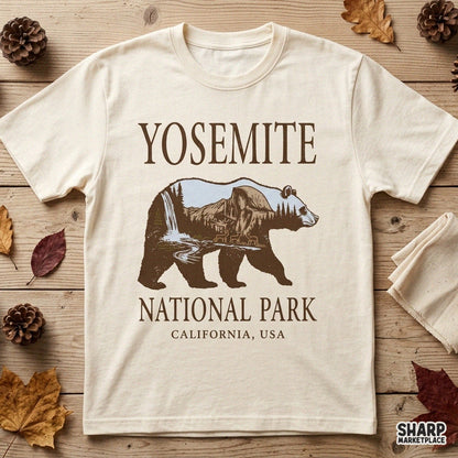 Retro Yosemite National Park bear silhouette PNG graphic with waterfall and mountains for outdoor adventure t-shirts