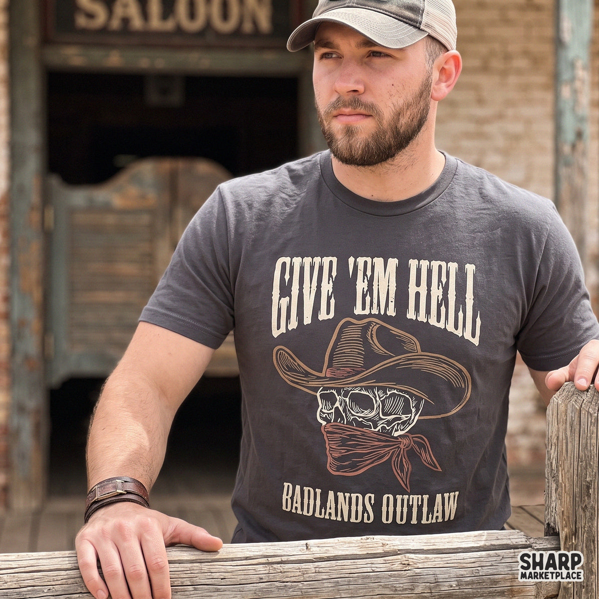 Retro cowboy skull featuring Give Em Hell Badlands Outlaw western PNG design for t-shirts