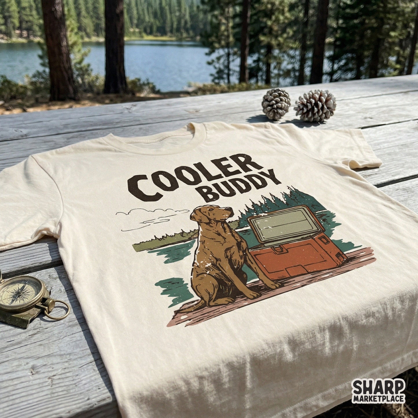 Sublimation graphic showing a dog and cooler by a lake with distressed typography, perfect for custom camping shirts and outdoor themed DIY projects.