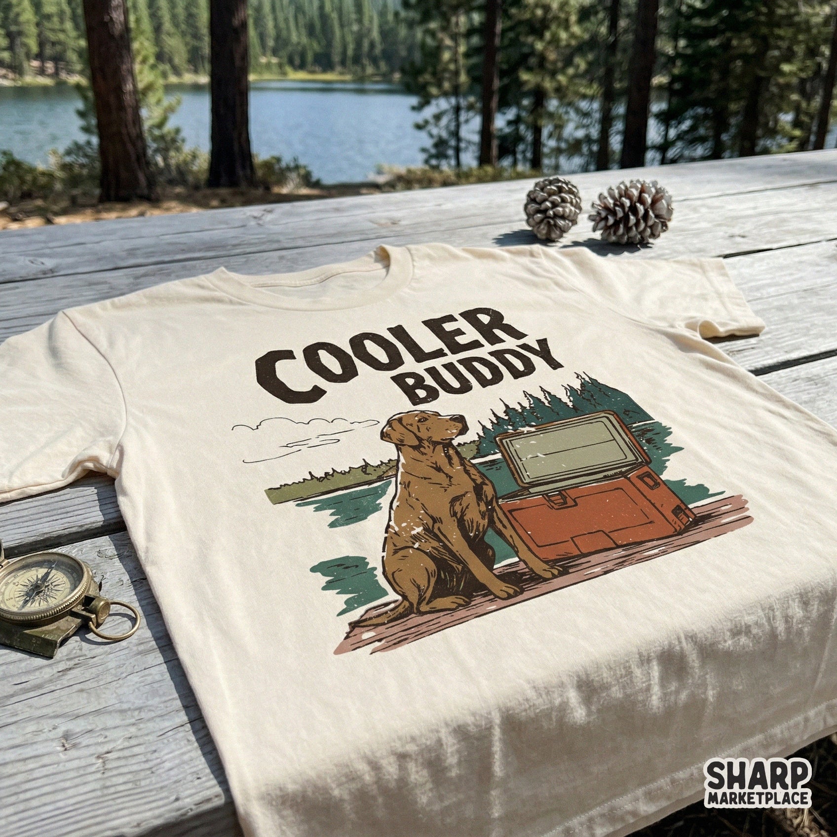 Sublimation graphic showing a dog and cooler by a lake with distressed typography, perfect for custom camping shirts and outdoor themed DIY projects.