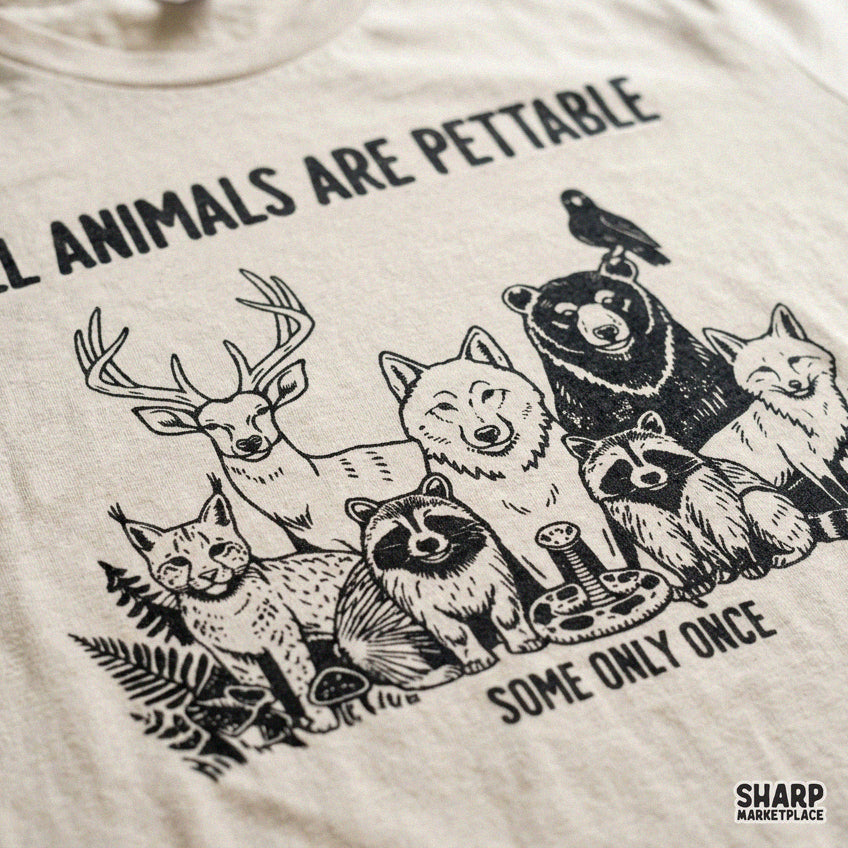Funny sarcastic wildlife shirt design featuring a bear and raccoon with pettable once quote for sublimation PNG