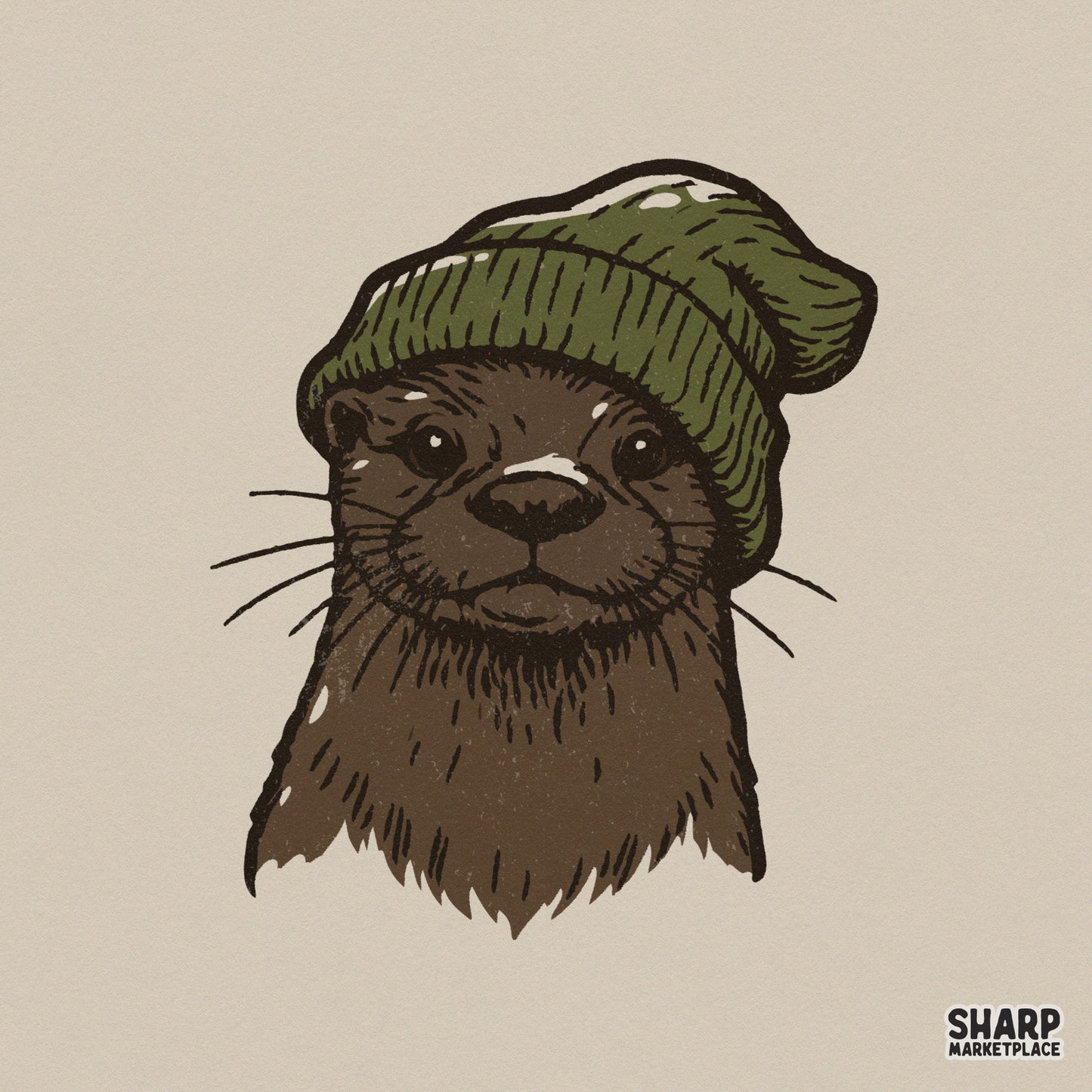Hand-drawn illustration of a cute brown otter wearing a forest green knit beanie, perfect for winter-themed apparel and sublimation projects.