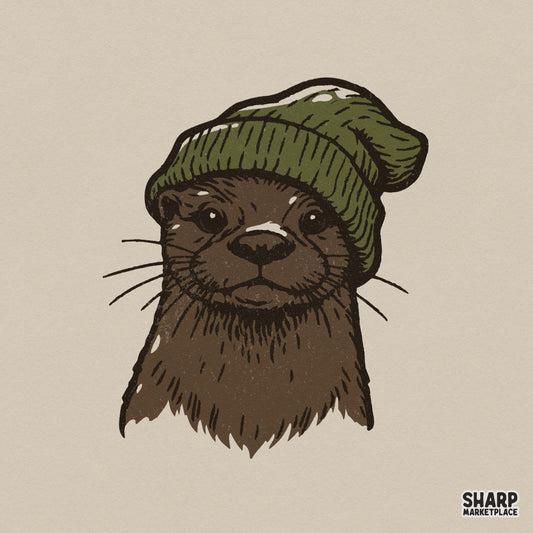 Hand-drawn illustration of a cute brown otter wearing a forest green knit beanie, perfect for winter-themed apparel and sublimation projects.