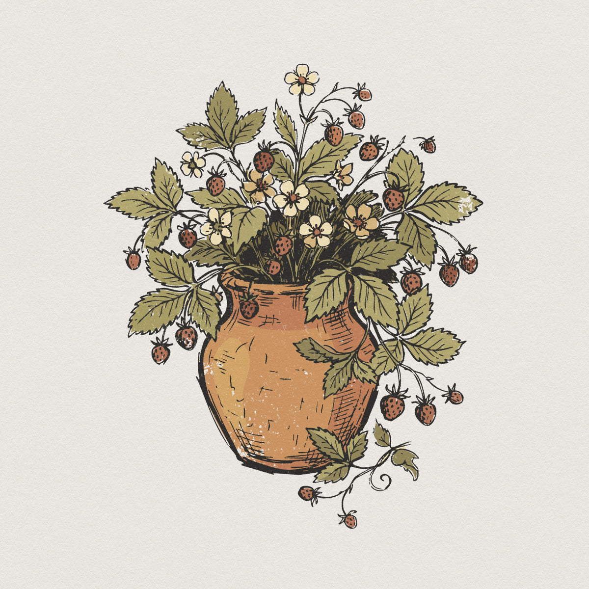 Vintage botanical illustration of a terracotta pot overflowing with wild strawberries, green leaves, and white blossoms, perfect for cottagecore decor.