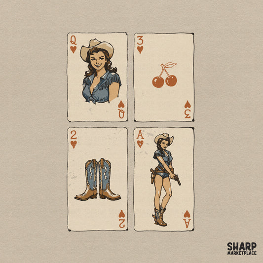 Vintage western playing card digital design featuring a cowgirl queen, cherry, cowboy boots, and a pinup ace in muted blue and tan tones for apparel.