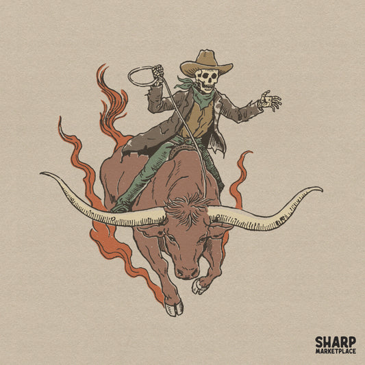 Skeleton cowboy riding a flaming bucking longhorn bull for western Halloween rodeo t-shirt sublimation design