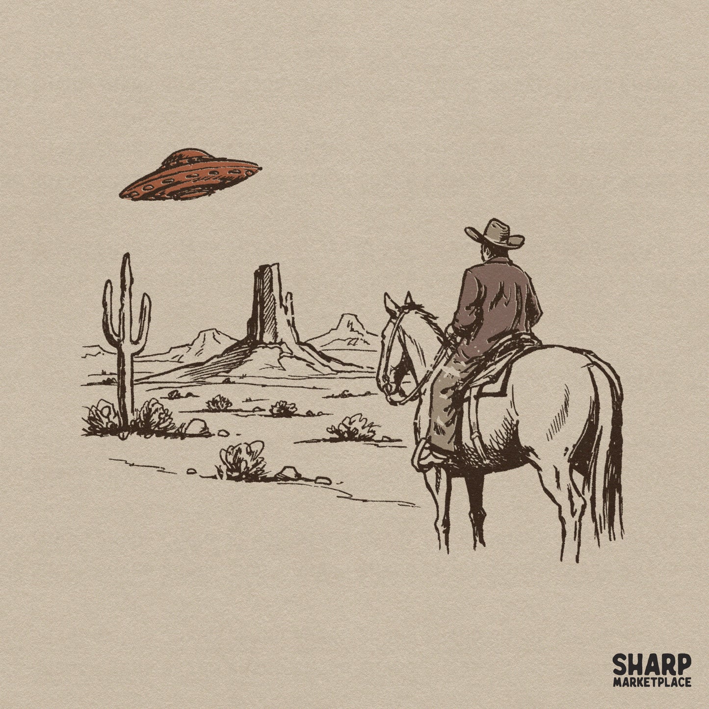 Vintage sketch style digital design of a cowboy on horseback looking at a flying saucer hovering over desert buttes and a saguaro cactus.