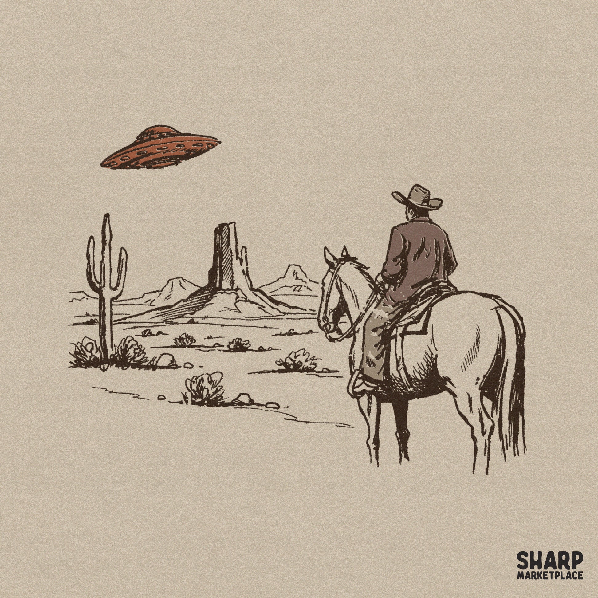 Vintage sketch style digital design of a cowboy on horseback looking at a flying saucer hovering over desert buttes and a saguaro cactus.