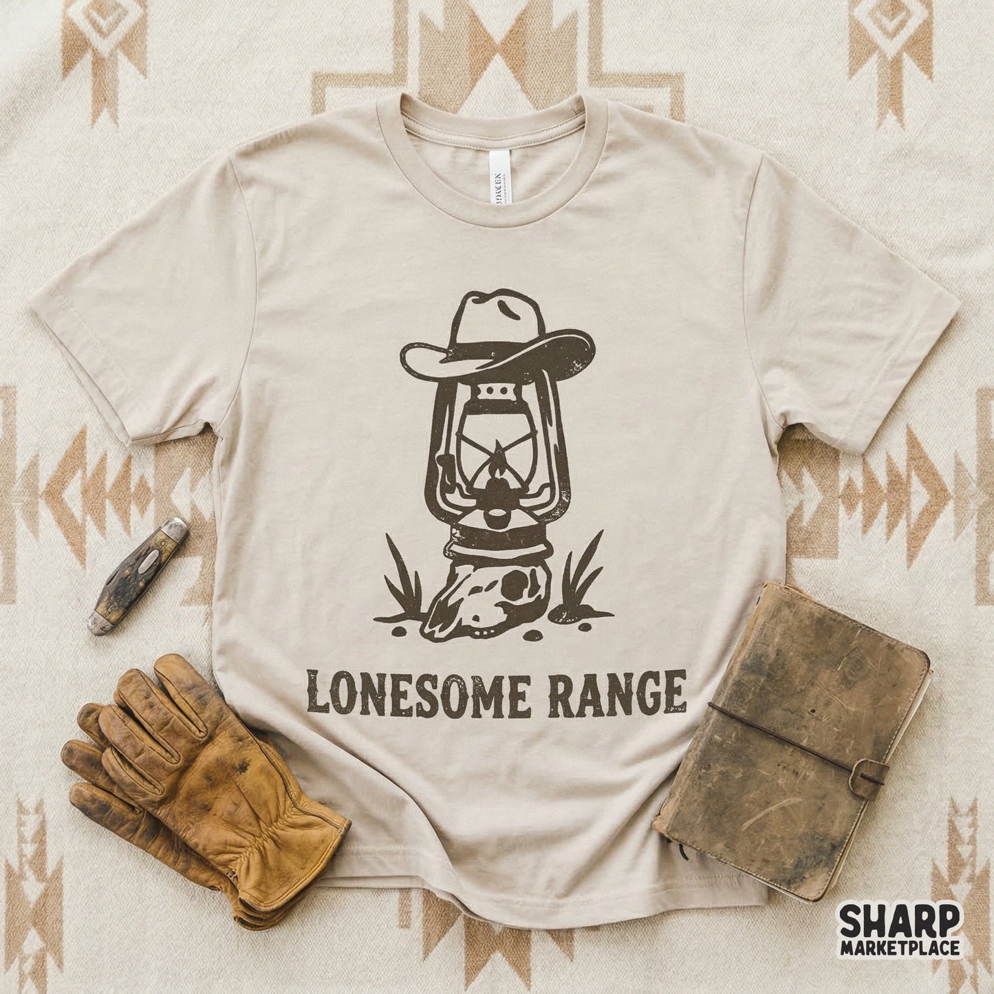 Detailed western digital design with a cowboy hat, lantern, and skull, featuring distressed typography for a rugged, vintage ranch aesthetic on clothing.